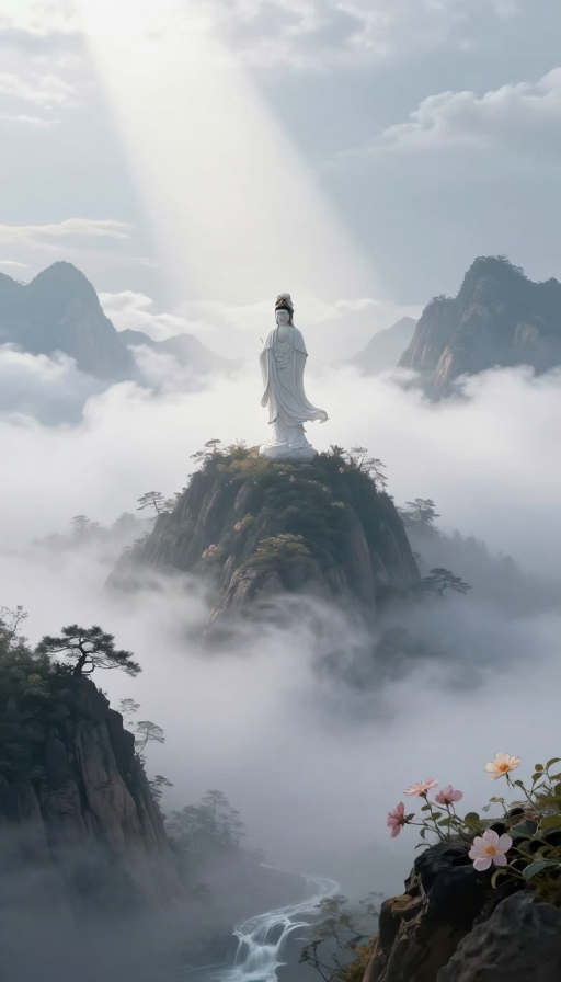 云雾缭绕古风观音：绝美光影下的神韵