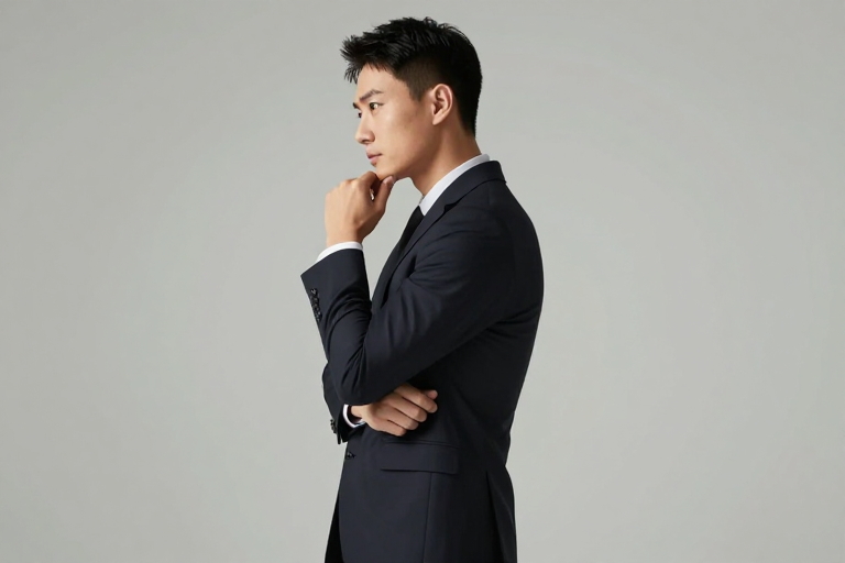 商务精英沉思侧影：深色西装中性色调人像摄影