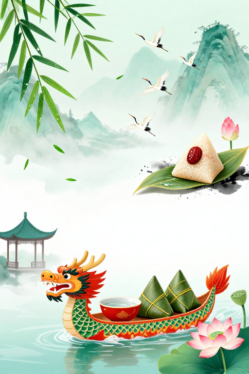 水墨青绿端午风情 白鹤龙舟贺佳节