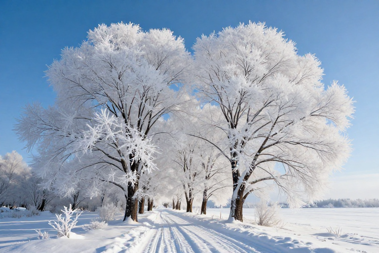 霜覆雪径的阔叶林：纯净冬韵之美