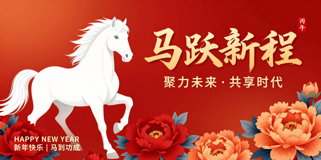 红金渐变骏马跃起新年祝福书法海报