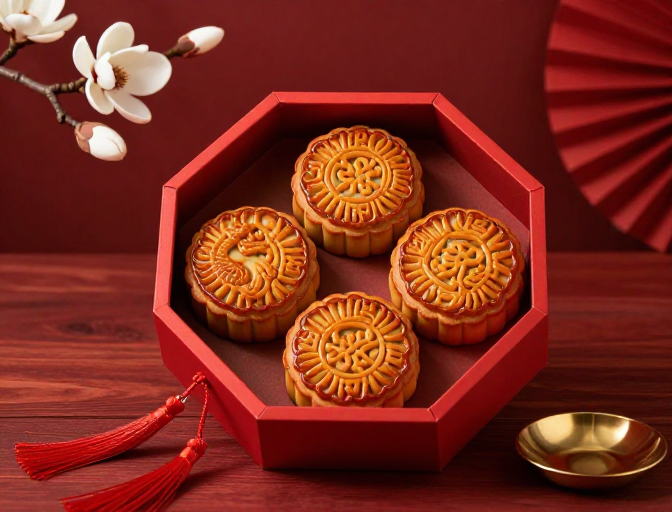 中秋传统雕花月饼礼盒高清实拍图