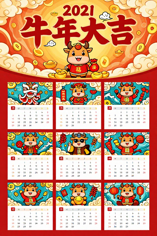 2021牛年国潮风日历海报:喜庆吉祥民俗设计