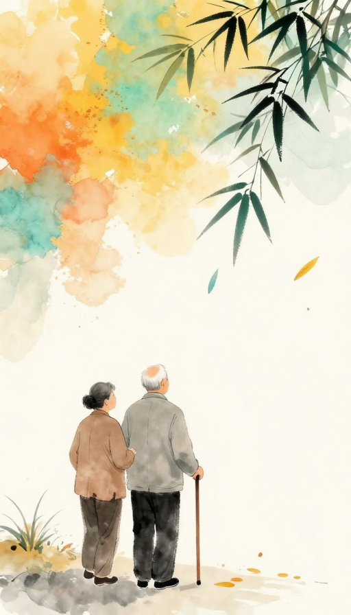 水墨淡彩·秋意浓情：老夫妇背影漫步