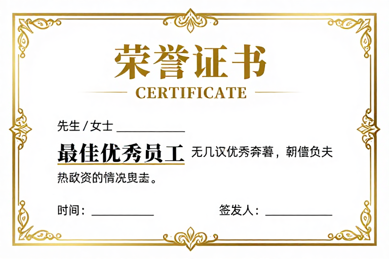 金色烫金荣誉证书设计,典雅庄重商务庆典风格