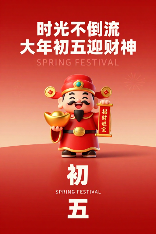 初五迎财神 红色喜庆新年插画