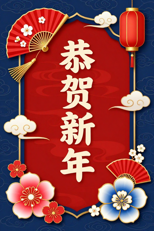 恭贺新年红色盾徽中式节庆祝福图