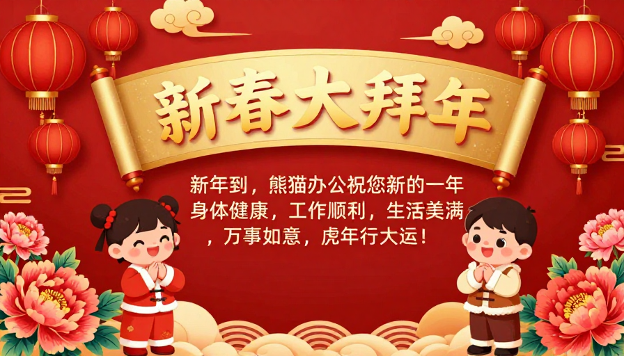 新春大拜年：红色中国风新年贺岁插画海报