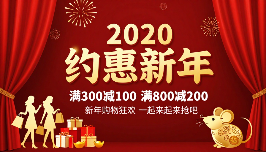 2020新年促销：红色喜庆满额优惠海报