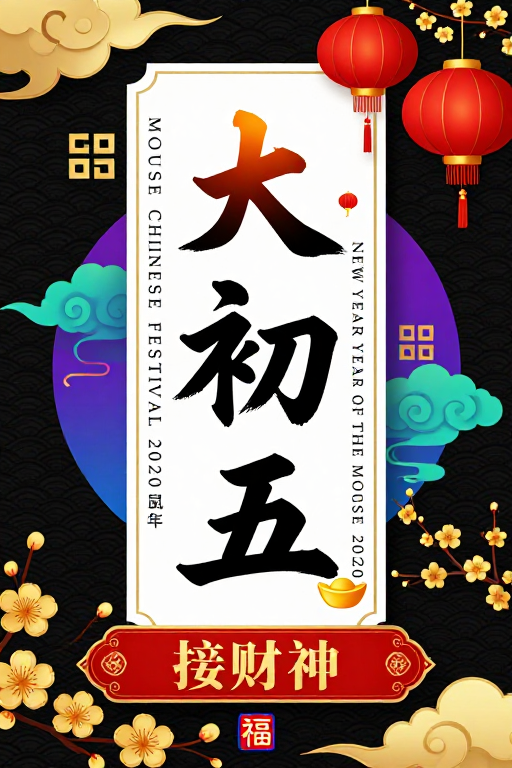 大年初五:金色祥云与书法贺岁,传统节庆喜庆海报