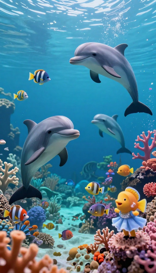 童话海洋:拟人海豚鱼群珊瑚礁嬉戏场景