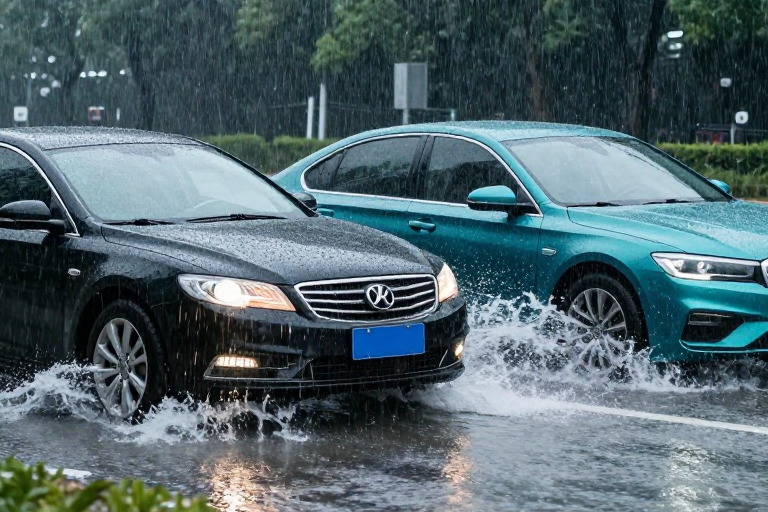 暴雨双车涉水：冷调实景展现行车挑战
