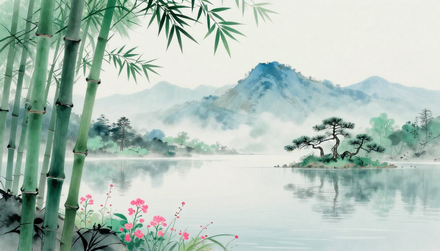水墨意境:青翠竹林与远山的诗意画卷