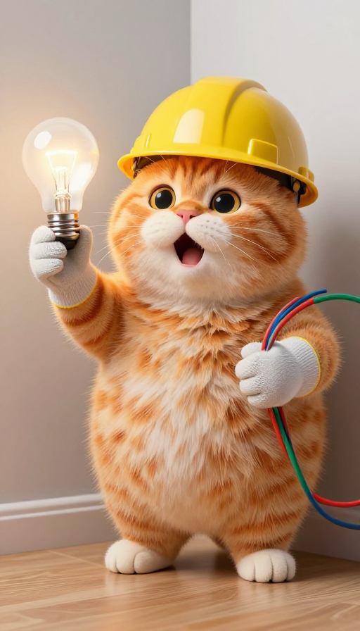 胖橘猫戴安全帽演示安全用电知识
