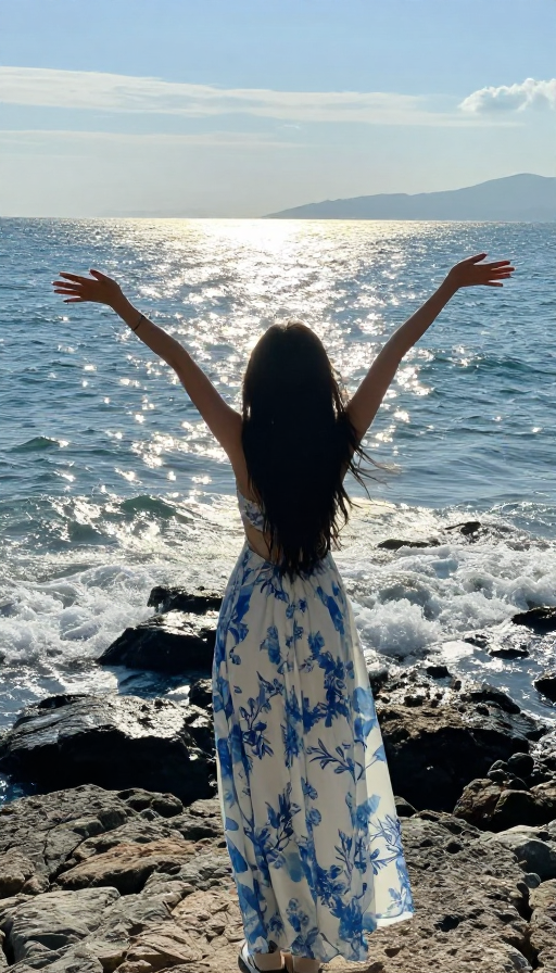 海风轻拂:蓝裙背影邂逅金色阳光