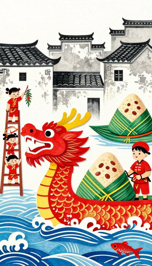 端午红韵:农民画与剪纸融合龙舟插画