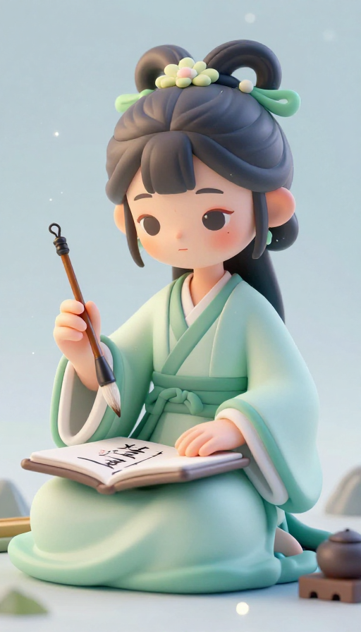 国风少女执笔写字，三维立体渲染的静谧之美