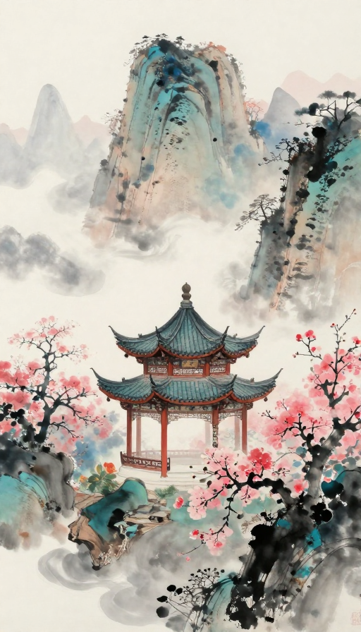 水墨晕染·梦幻仙山云海亭台楼阁图