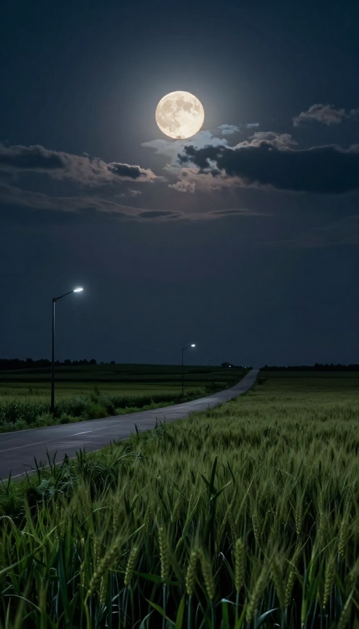 云遮明月下的静谧乡村夜景,高清麦田与昏路灯细节