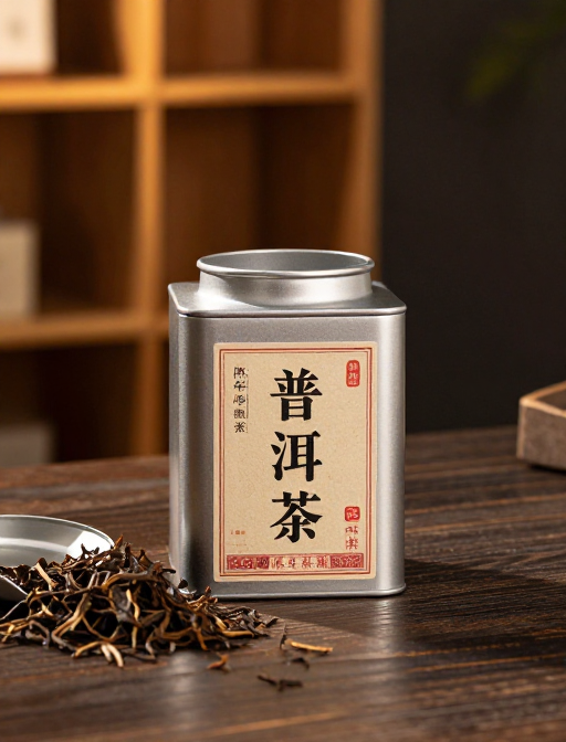 暖金侧逆光下的陈年普洱金属罐静置木桌