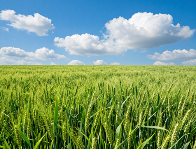 翠绿麦田映蓝天:高饱和自然风光摄影