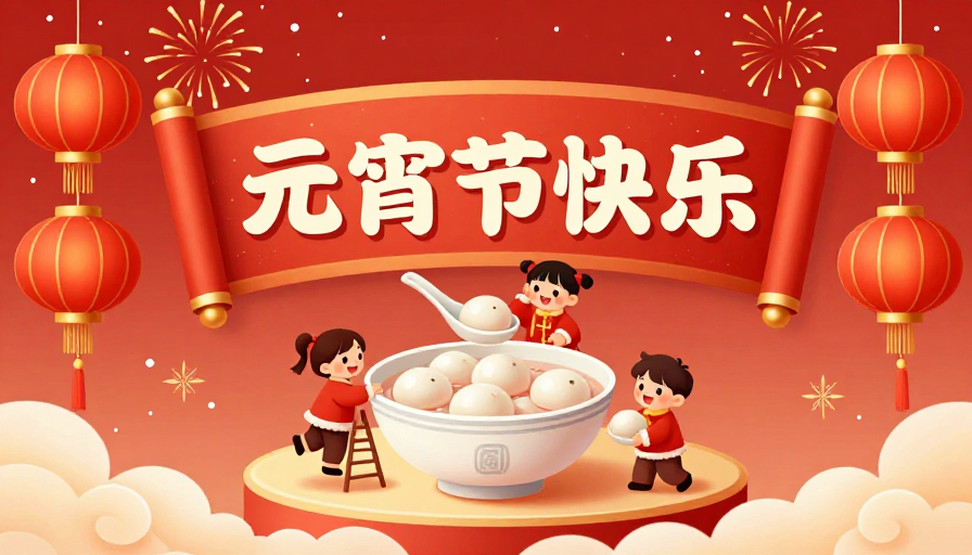 红金中国风元宵海报：汤圆童趣团圆欢腾