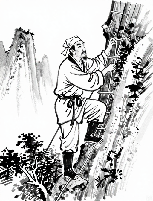 明代徐霞客黑白速写：绝壁攀爬的探索者