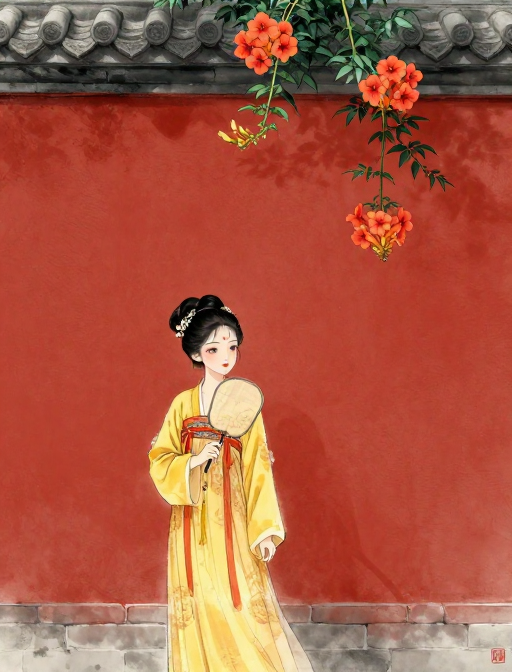红墙墨韵:古风少女团扇回眸