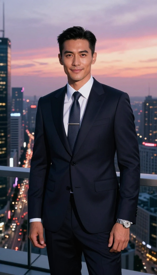 繁华都市晚霞中的自信男士：经典人像摄影作品