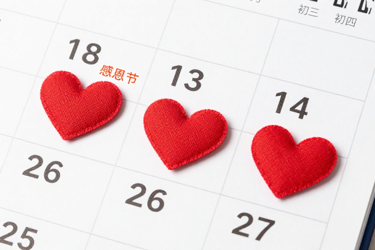 感恩节日历：红色心饰点缀的温馨日常