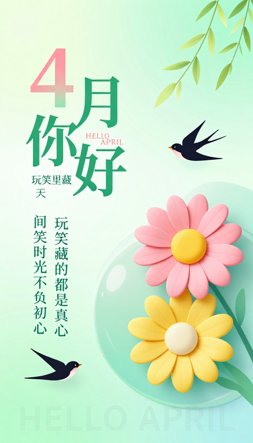 春日治愈海报:4月你好,不负时光不负初心