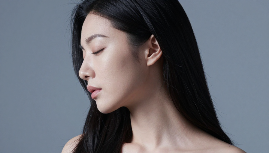 闭目沉思的亚洲女性侧影·冷调光影特写
