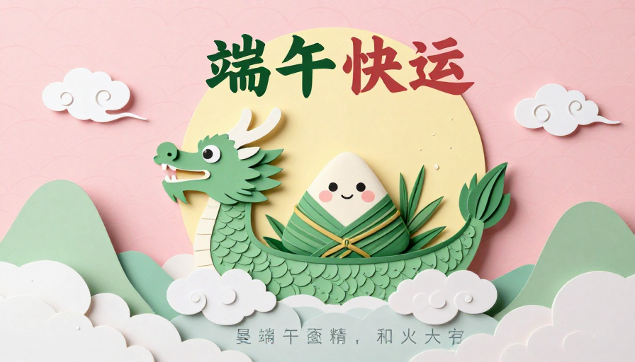 端午佳节：可爱龙舟神兽与粽子的温馨插画