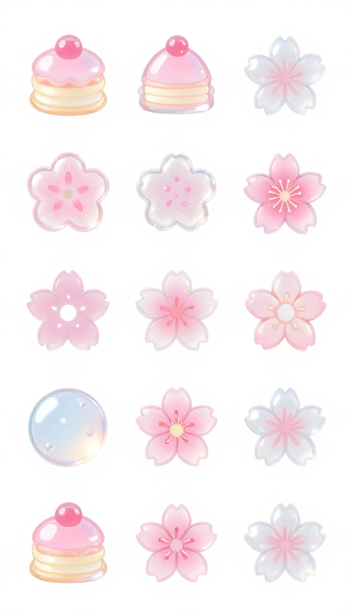 透明闪亮樱花点心图标集，糖果色UI设计