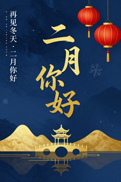 金红冬雪山水新中式二月你好海报