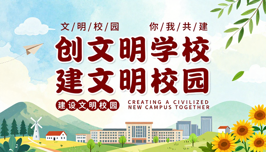 清新插画风公益海报:创建文明校园共建美好家园