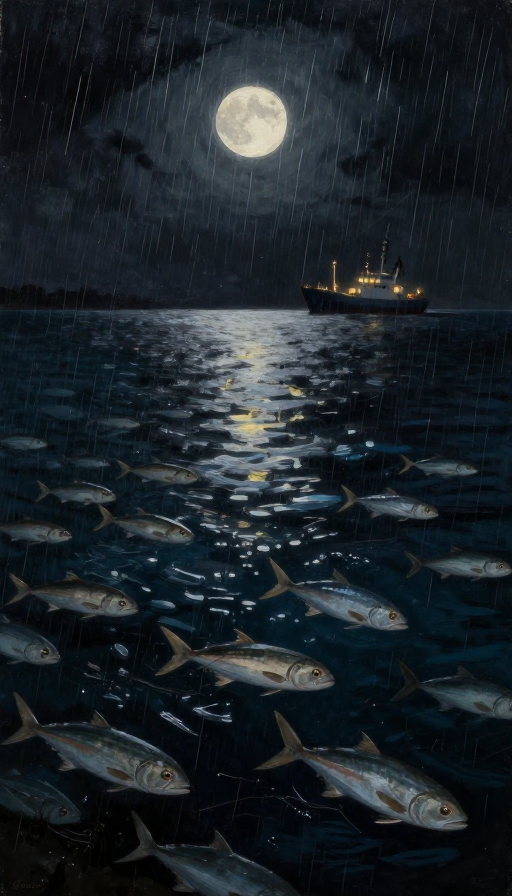 月光鱼跃：暴雨后海面的幽蓝梦境（油画风格）