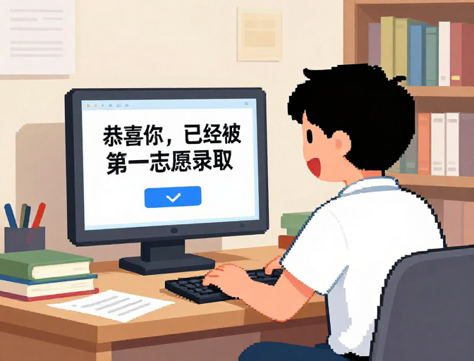 像素风插画：黑发学子桌前喜报频传