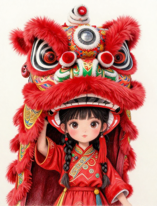 非遗璀璨：红色醒狮少女彩铅手绘图