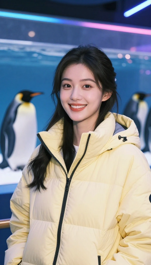 霓虹光影下的东方面孔：极地企鹅前的时尚特写