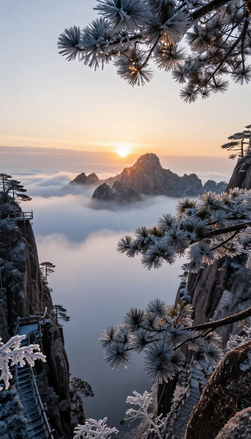 黄山冬日出：冰封云海与金辉交织的自然奇观