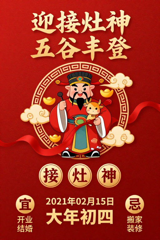 传统吉祥灶神图：迎祥纳福五谷丰登
