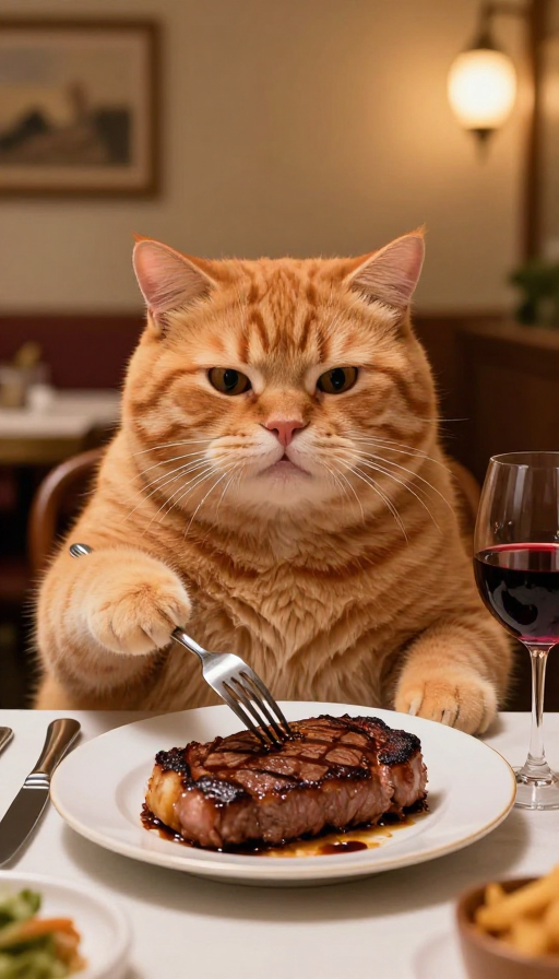 胖橘猫享受美味牛排的温馨瞬间
