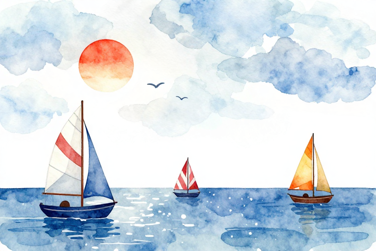 水彩手绘海景：落日帆船的诗意留白
