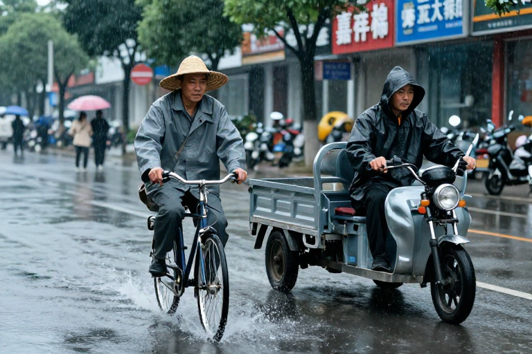 雨中骑行:中年男子涉水前行,城市冷调纪实