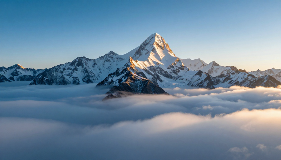 雪峰之巅：晨曦金辉与云海交织的壮丽瞬间