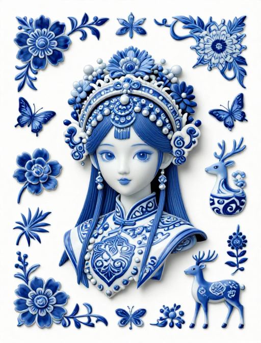 青花瓷韵：3D少女与吉祥图案的华丽融合