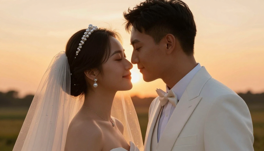 亚洲新人日落深情对视婚纱礼服金辉婚礼