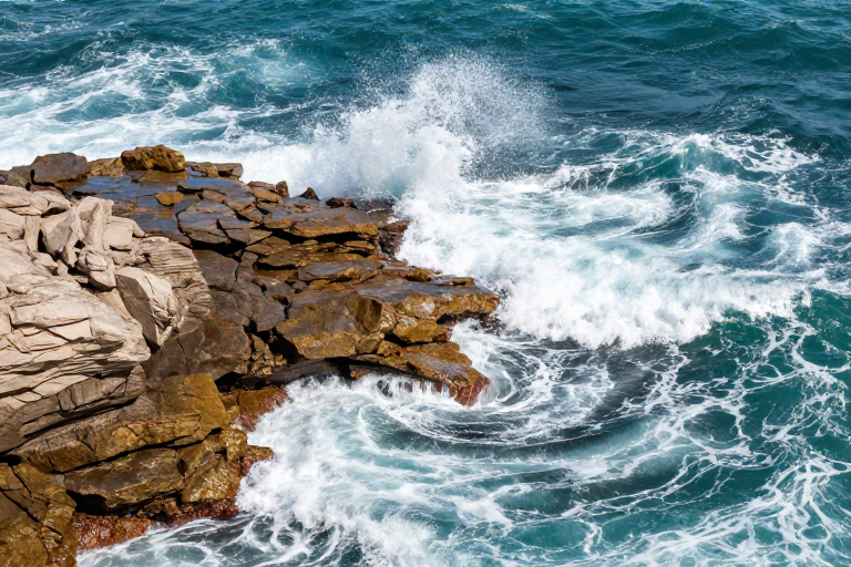 碧浪拍击棕褐礁岩：震撼海岸风光摄影