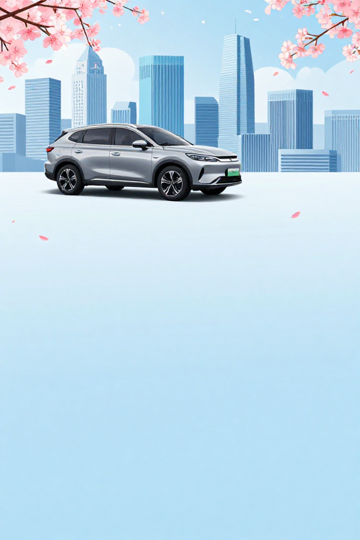 清新春景都市车展:银灰SUV与樱花建筑背景图